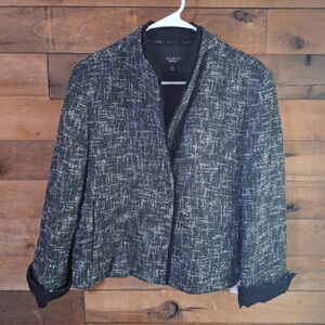 Talbots Women's Black Tweed Single Button Pockets Ruffle Trim Blazer Size 12